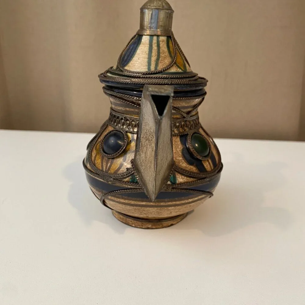 Vintage Moroccan Ceramic Tea‎ Pot – Silver Filigree & Gemstone Accents